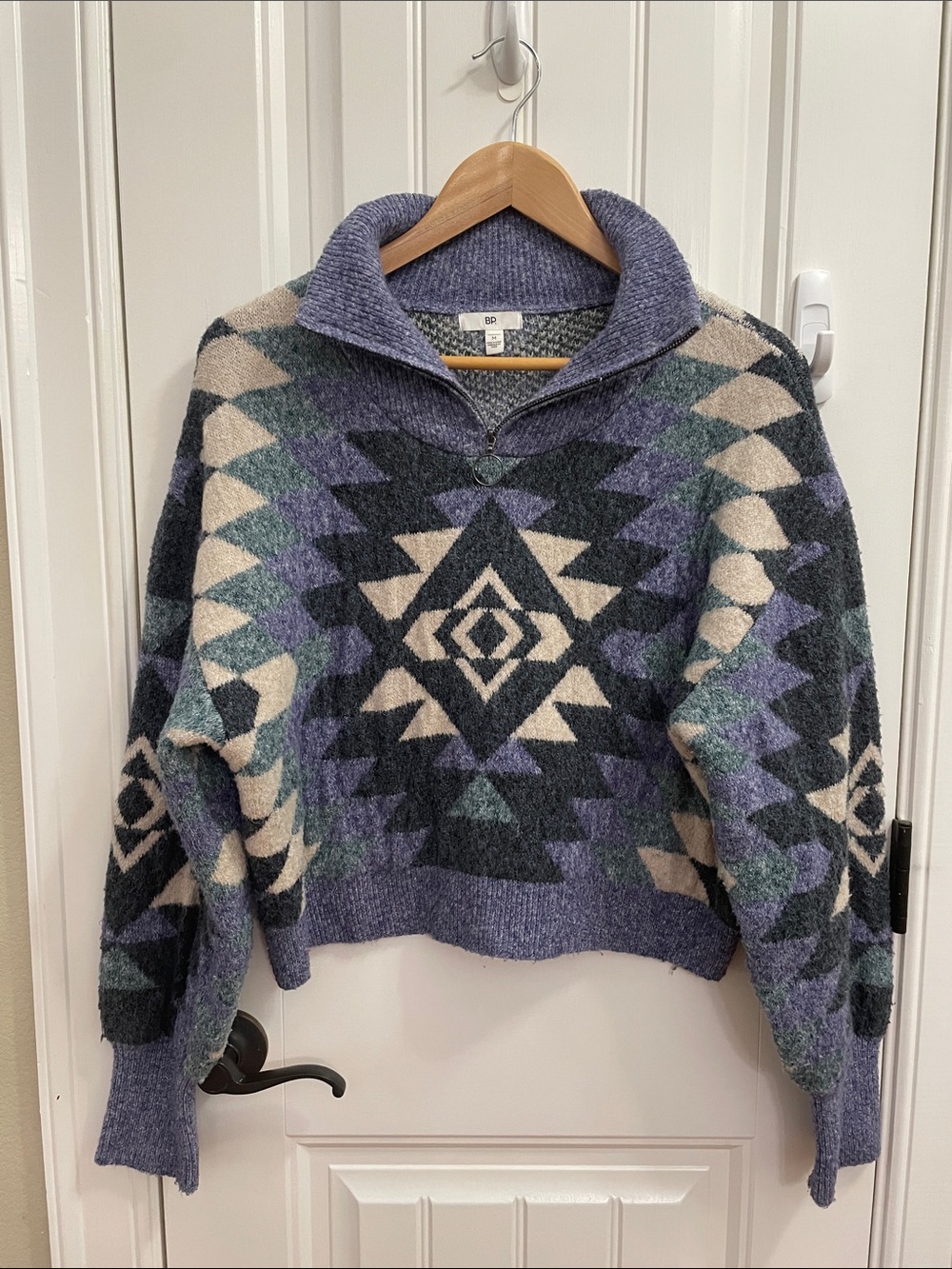 BP. Aztec Periwinkle Blue, Cream & Green Half-Zip  Sweater